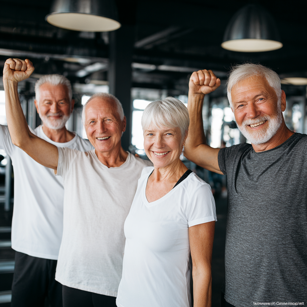 Group of mature adults celebrating fitness achievements in gym environment