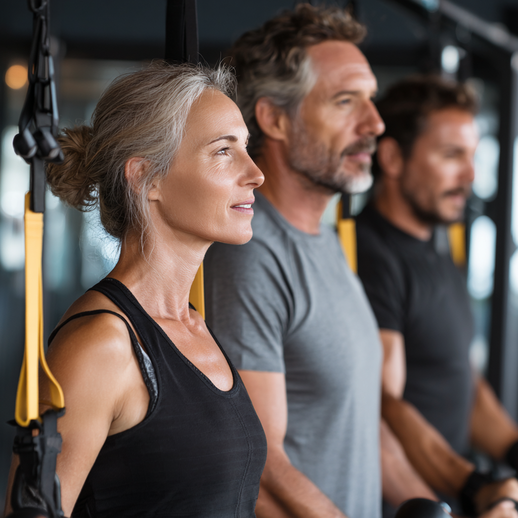 Middle-aged adults working out with personal trainer in modern fitness center